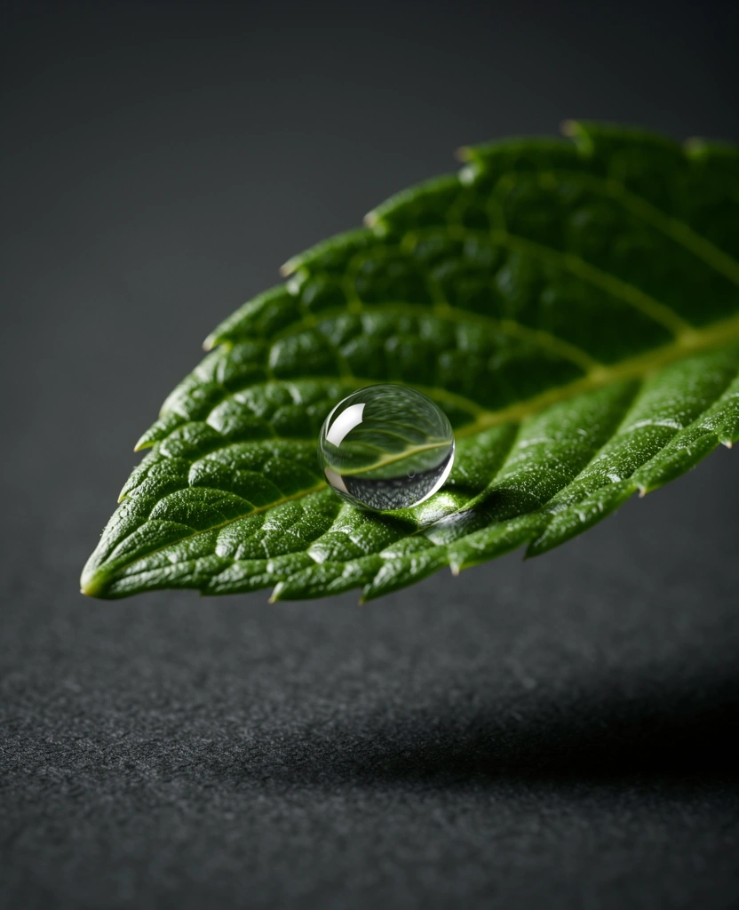 Makroaufnahme eines Wassertropfens auf einem Blatt